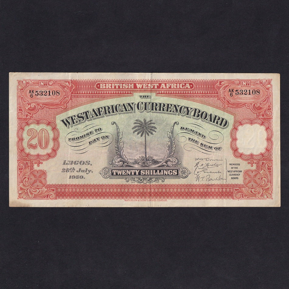 British West Africa (P8b) 20 Shillings, 28th July 1950, AK6 523108, small mark, VF