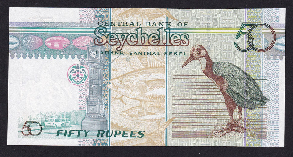 Seychelles (PNL) 50 Rupees, 2005, Francis Chang-Leng signature, AC000010, first prefix so this is note 10, silver foil sailfish added, UNC