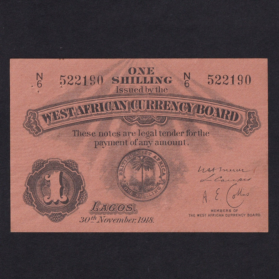 British West Africa (P1a) 1 Shilling, Lagos, 30th November 1918, West African Currency Board, N/6 522190, pinholes, EF