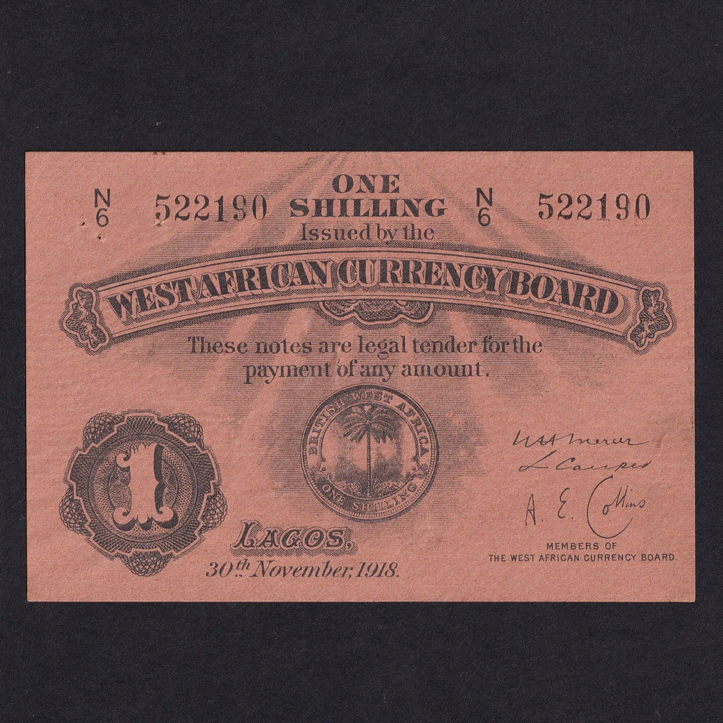 British West Africa (P1a) 1 Shilling, Lagos, 30th November 1918, West African Currency Board, N/6 522190, pinholes, EF