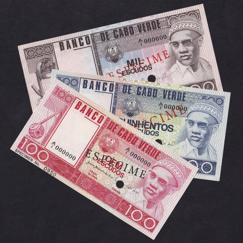 Cape Verde (P54s-56s) 100-1000 Escudos specimen set, 3 notes, 1977, UNC