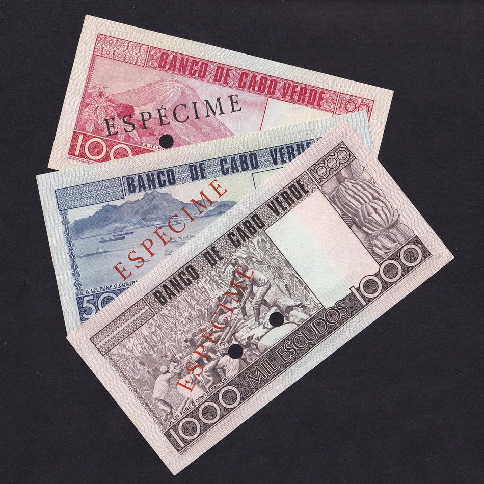 Cape Verde (P54s-56s) 100-1000 Escudos specimen set, 3 notes, 1977, UNC
