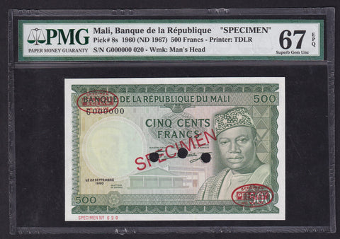 Mali (P8s) 500 Francs specimen, 1960, President Keita, PMG 67, UNC
