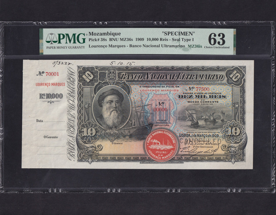 Mozambique (P.38s) 10 Mil Reis specimen, 1st March 1909, PMG 63, UNC