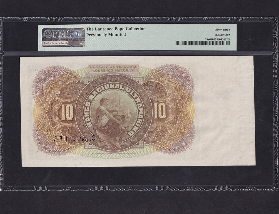 Mozambique (P.38s) 10 Mil Reis specimen, 1st March 1909, PMG 63, UNC