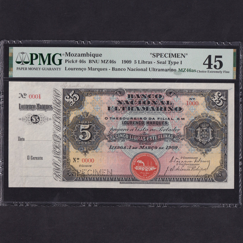 Mozambique (P.46s) 5 Libras specimen, 1st March 1909, seal type 1, PMG45, EF