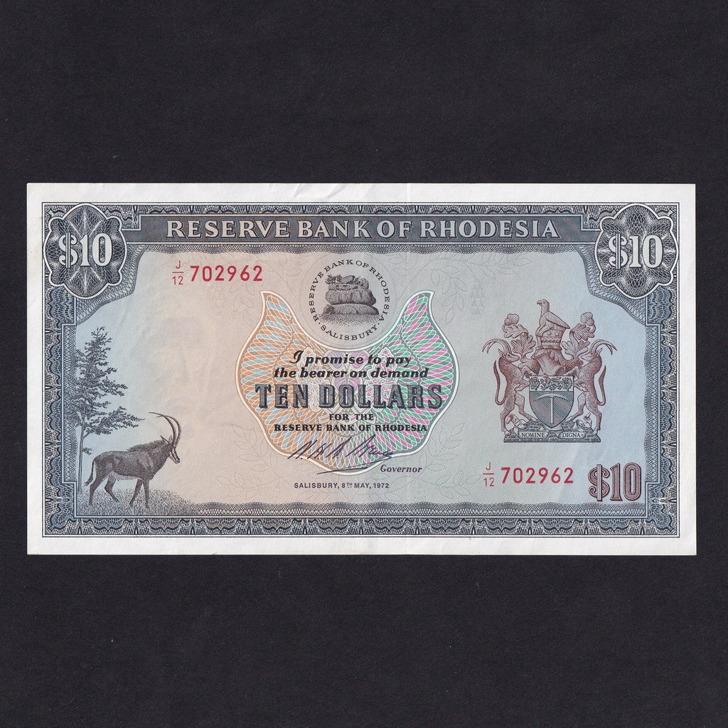 Rhodesia (P33d) $10, 8th May 1972, J/12 702962, Rhodes watermark, EF
