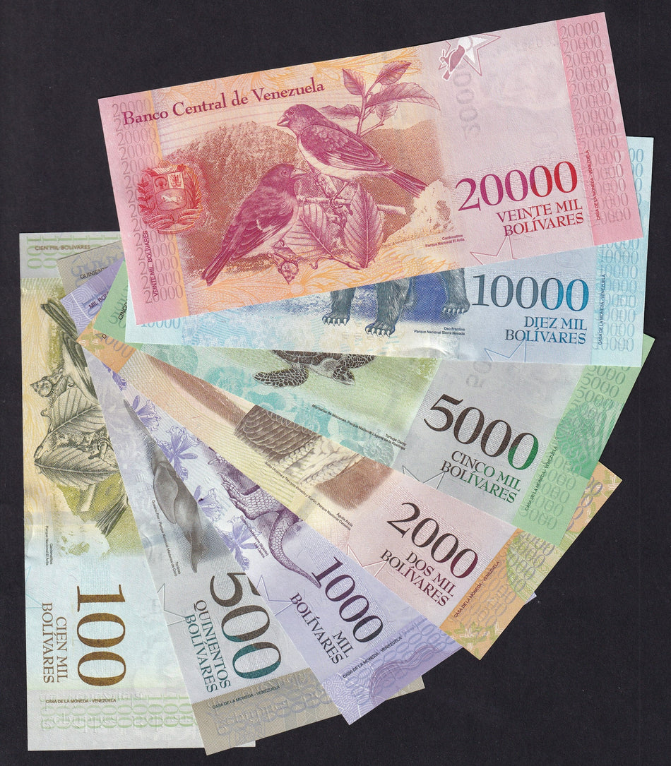 Venezuela (P93-99 types, some dates not in Krause) 100, 500, 1000, 2000, 5000, 10000 & 20000 Bolivares set (7 notes), 2016-17, UNC