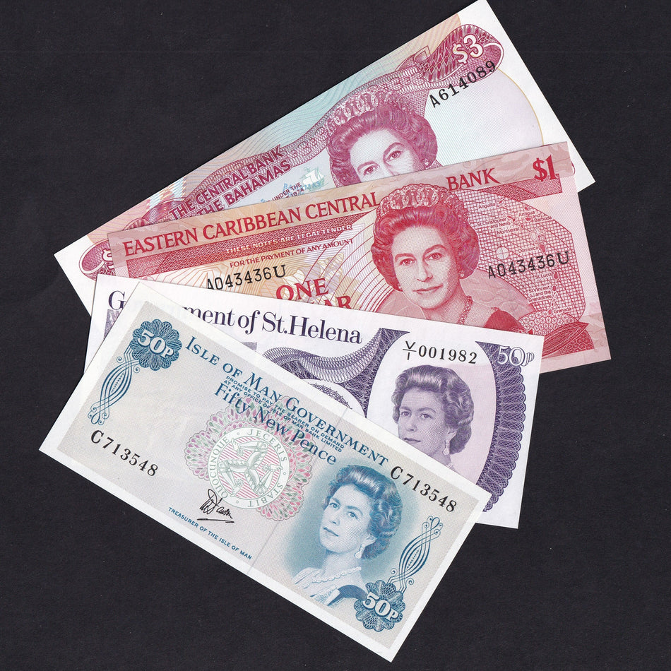 Queen Elizabeth II banknote set, 4 notes: Isle of Man, St. Helena, Eastern Caribbean & Bahamas, all UNC