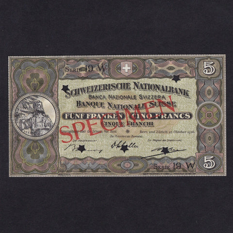 Switzerland (P11s) 5 Francs specimen, 1936, 19W, signature 23, no serial number, UNC