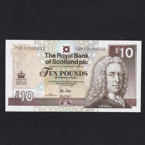 Scotland (P368) £10, 2012, QEII Diamond Jubilee Commemorative, superb low serial TQDJ 000037, RB104, UNC