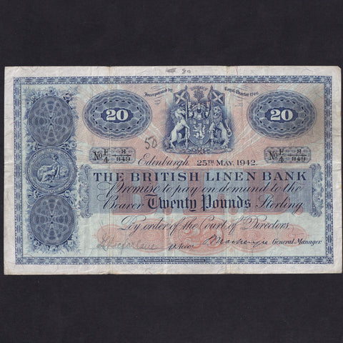 Scotland (P159a) British Linen Bank, £20, 25th May 1942, Mackenzie printed signature, E/4 8/849, PMS BL68c, VG
