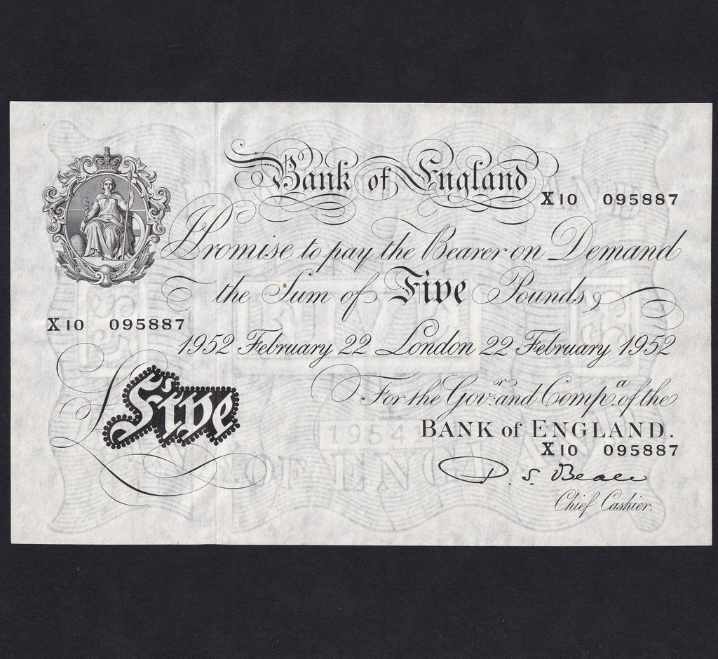 Bank of England (B270) Beale, £5, 22nd February 1952, X10 095887, count crease, UNC