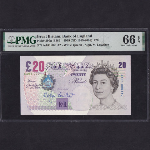 Bank of England (B386) £20, hand signed by Merlyn Lowther, AA01 000112, first million & low number, UNC