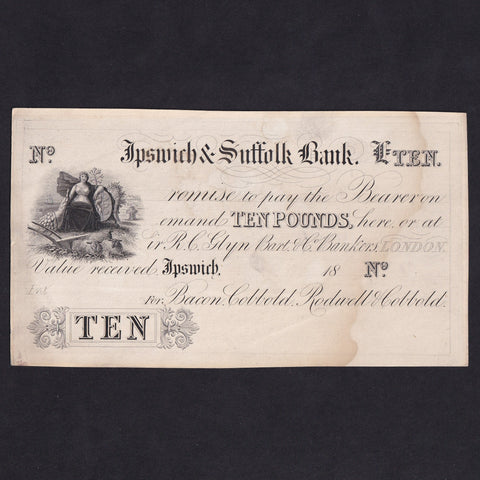 Provincial - Ipswich & Suffolk Bank, £10 obverse proof, 18xx, for Bacon, Cobbold, Rodwell & Cobbold, unlisted, stain, otherwise VF