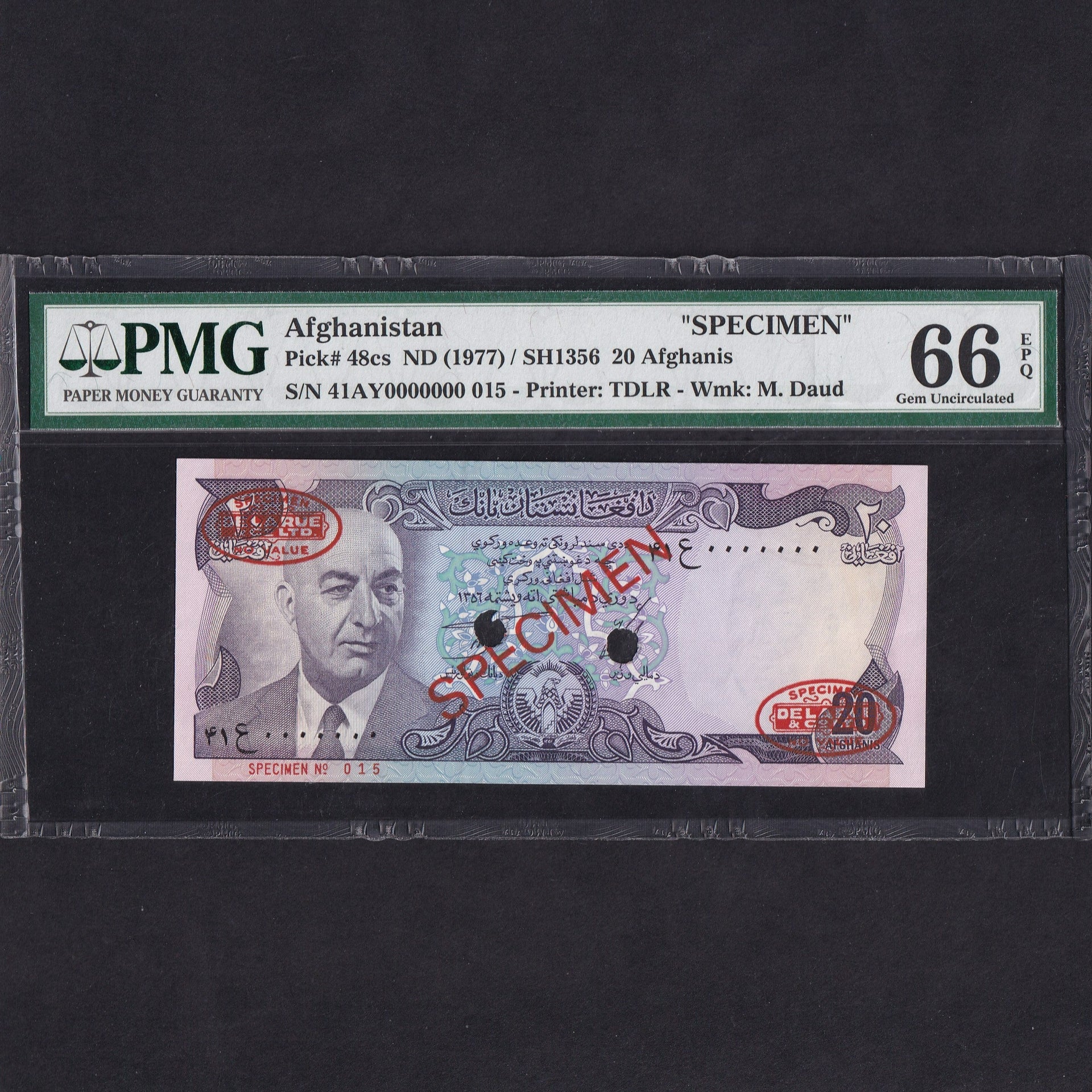 Afghanistan (P48cs) 20 Afghanis specimen, 1977, President Daud, PMG66, UNC