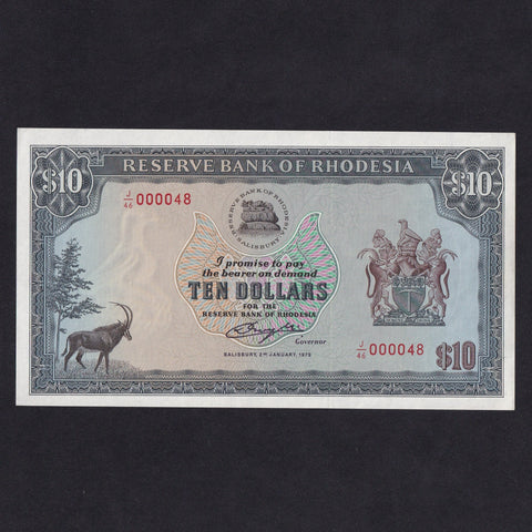 Rhodesia (P41) $10, 2nd January 1979, J/46 000048, this is note 48 of the date, UNC
