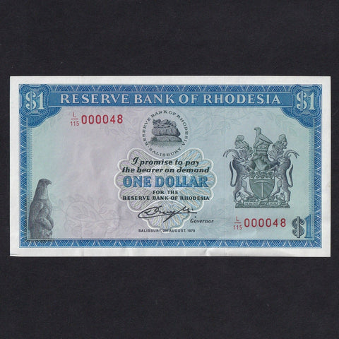 Rhodesia (P39) $1, 2nd September 1979, L/115 000048, this is note 48 of the date, EF
