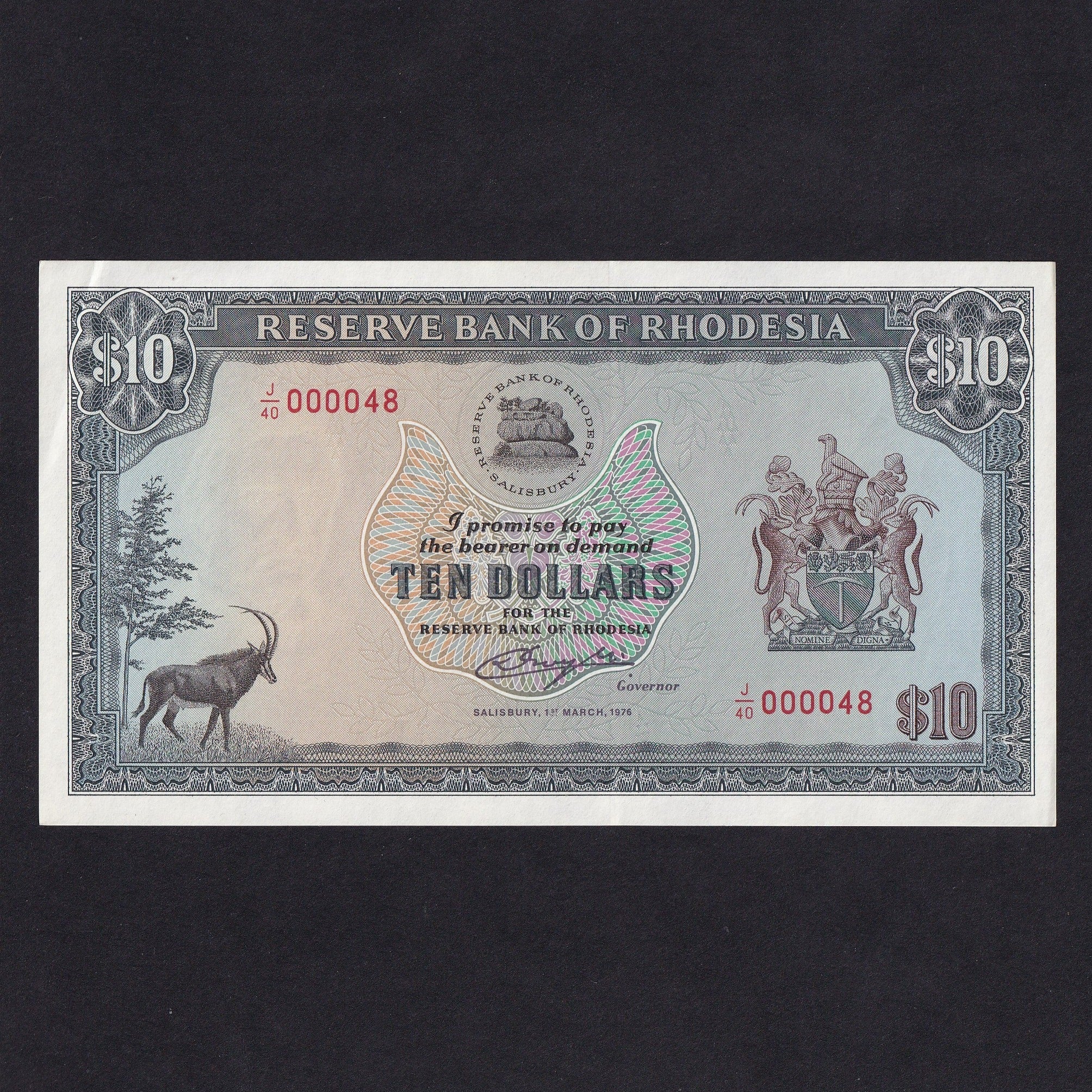 Rhodesia (P37) $10, 1st March 1976, this is note 48 of the date, J/40 ...