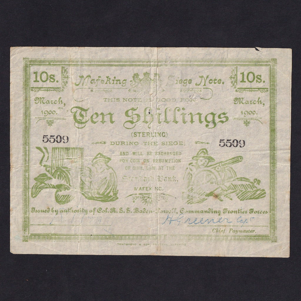 South Africa (PS654b) Mafeking Siege, 10 Shillings, 1900, 5509, edge nick, VF