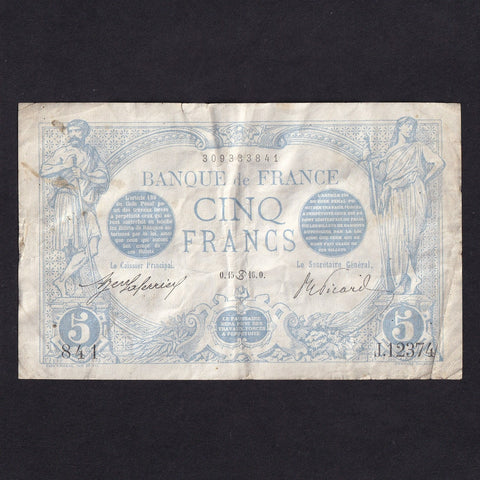 France (P.70) 5 Francs, 1916, Gemini, no allegorical figures on reverse, small tear, Fine/ VF