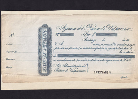 Chile, Banco de Valparaiso, proof bill of exchange, 18xx, for Santiago, Fine/VF