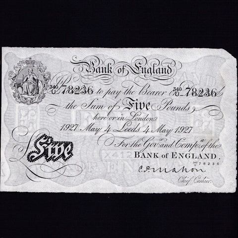 Bank of England (B215d) Mahon, £5, Leeds branch( 33 notes recorded) , 4th May 1927, expertly pressed, otherwise Good VF