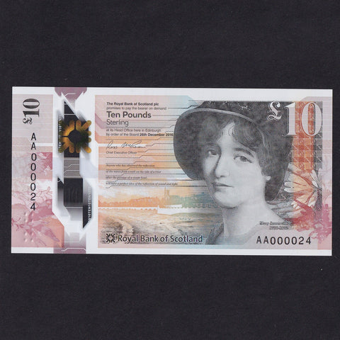 Scotland, Royal Bank of Scotland, £10 polymer, 2016, AA000024, the 21st lowest note available as numbers 1, 2 & 3 in bank's archive, PMS RB111, UNC