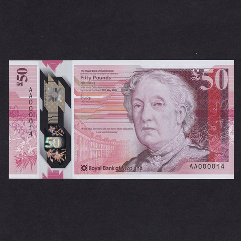 Scotland, Royal Bank of Scotland, £50 polymer, 2020, AA000014, the 11th lowest note available as notes 1, 2 & 3 in bank's archive, PMS RB113, UNC