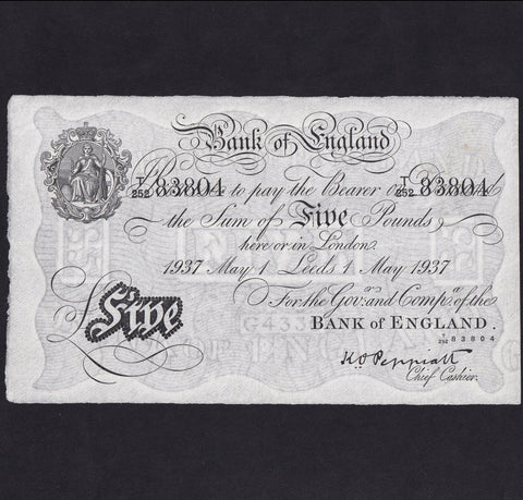 Bank of England (B241d) Peppiatt, £5, Leeds branch, 1st May 1937, expertly pressed, small tear, otherwise A/VF