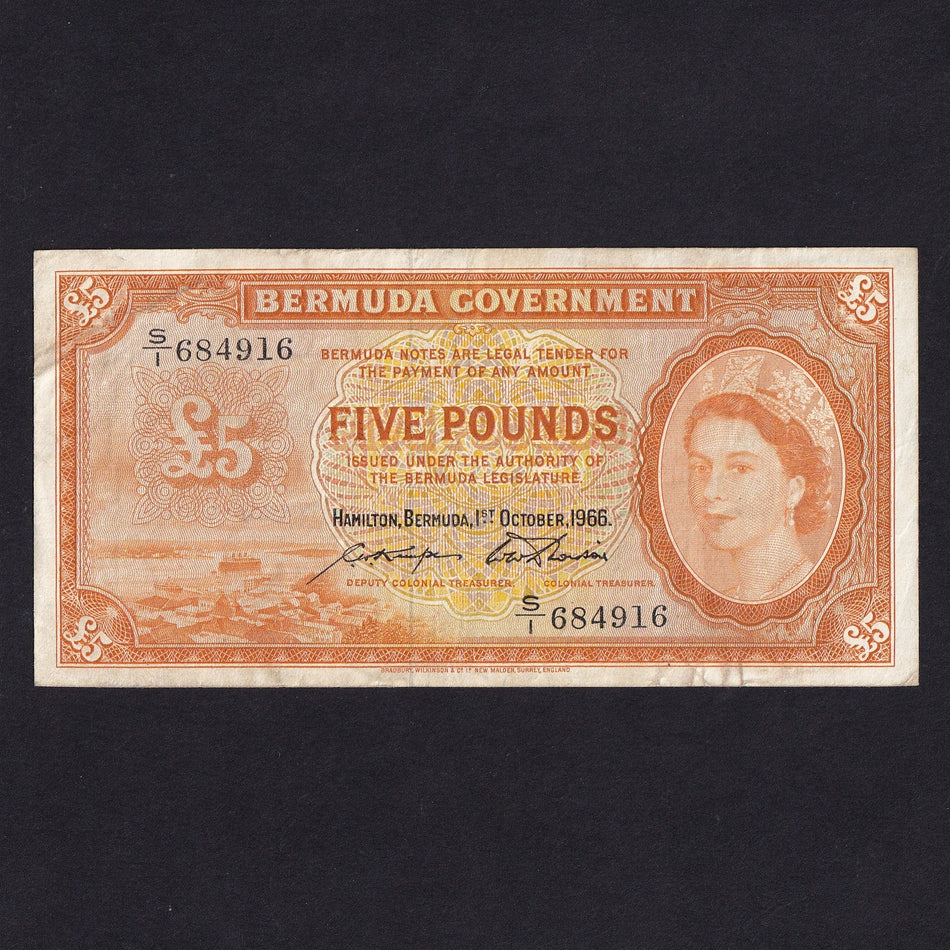 Bermuda (P21d) £5, 1st October 1966, QEII, S/1 684916, rust, Good Fine