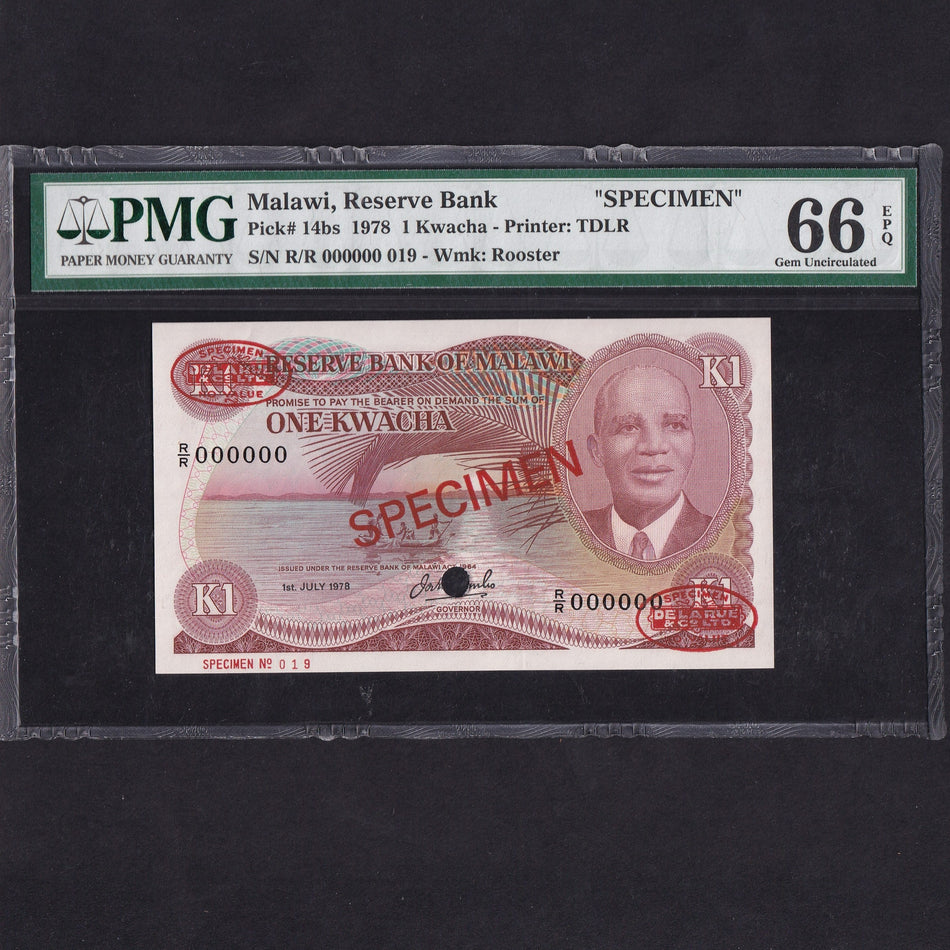 Malawi (P14bs) 1 Kwacha specimen, 1st July 1978, PMG66, UNC