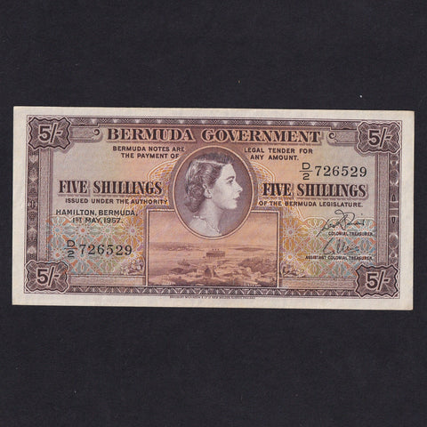 Bermuda (P18b) 5 Shillings, 1st May 1957, QEII, D/2 726529, Good EF