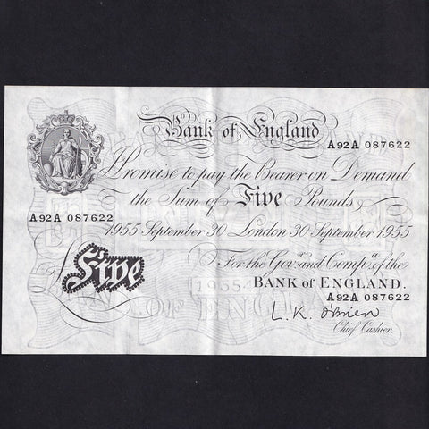 Bank of England (B276) O'Brien, £5, 30th September 1955, A92A, centre fold, otherwise EF