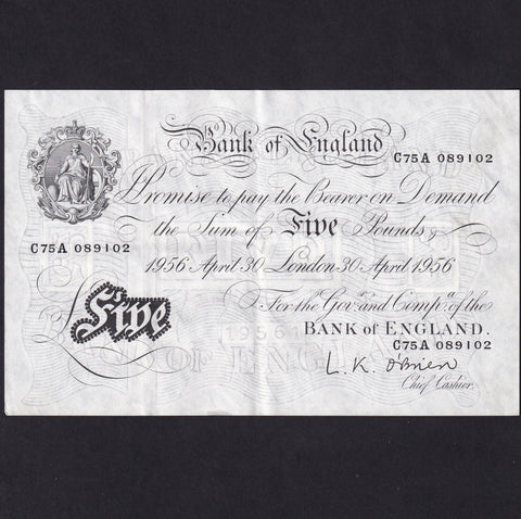 Bank of England (B276) O'Brien, £5, 30th April 1956, last year of white fivers, centre fold, otherwise EF