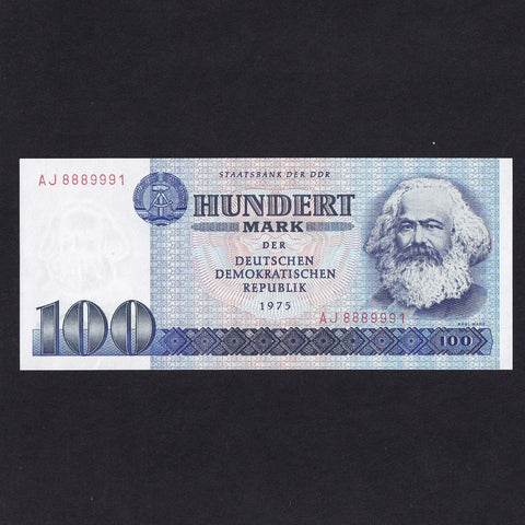 German Democratic Republic (P31a) 100 Mark, 1975, Karl Marx, wide serial, UNC