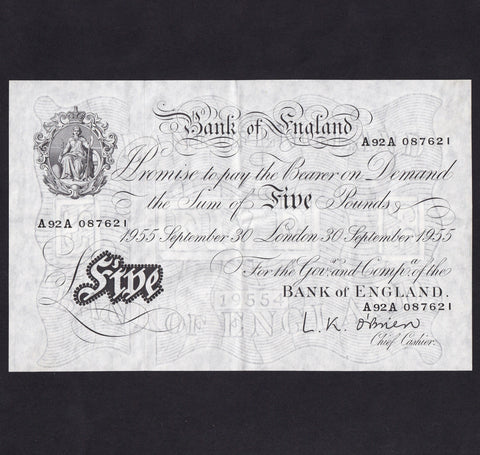 Bank of England (B276) O'Brien, £5, 30th September 1955, A92A 087621, centre fold, otherwise EF