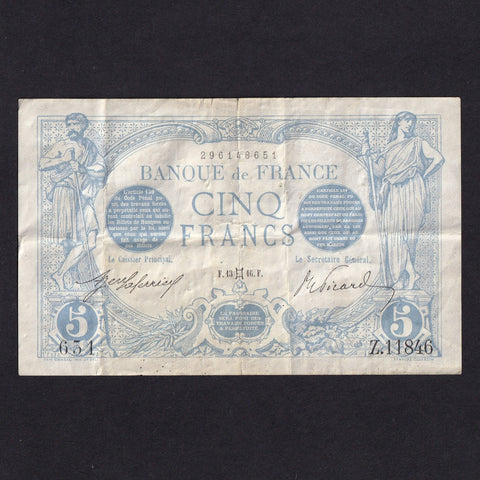 France (P.70) 5 Francs, 1916, Cancer, no allegorical figures reverse, slight rust, F/VF