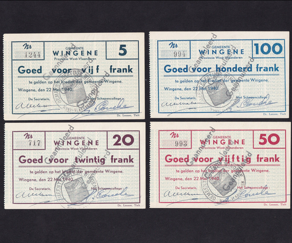 Belgium, 5, 20, 50 & 100 Frank, 22nd May 1940, SB1671-74, issued, Good EF