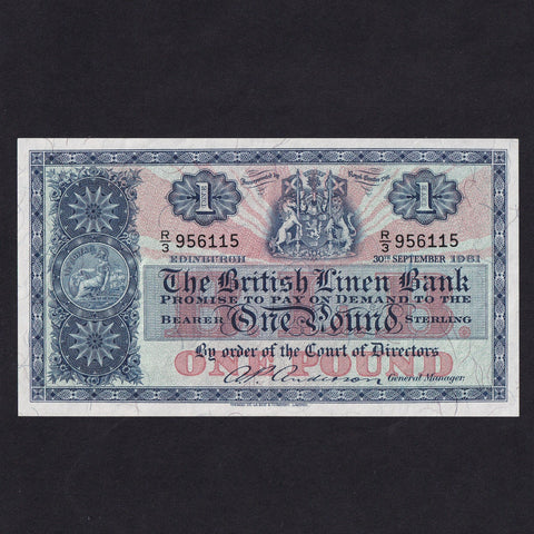 Scotland (P162) British Linen Bank, £1, 30th September 1961, Anderson, R/3, De La Rue, BL70, Good VF