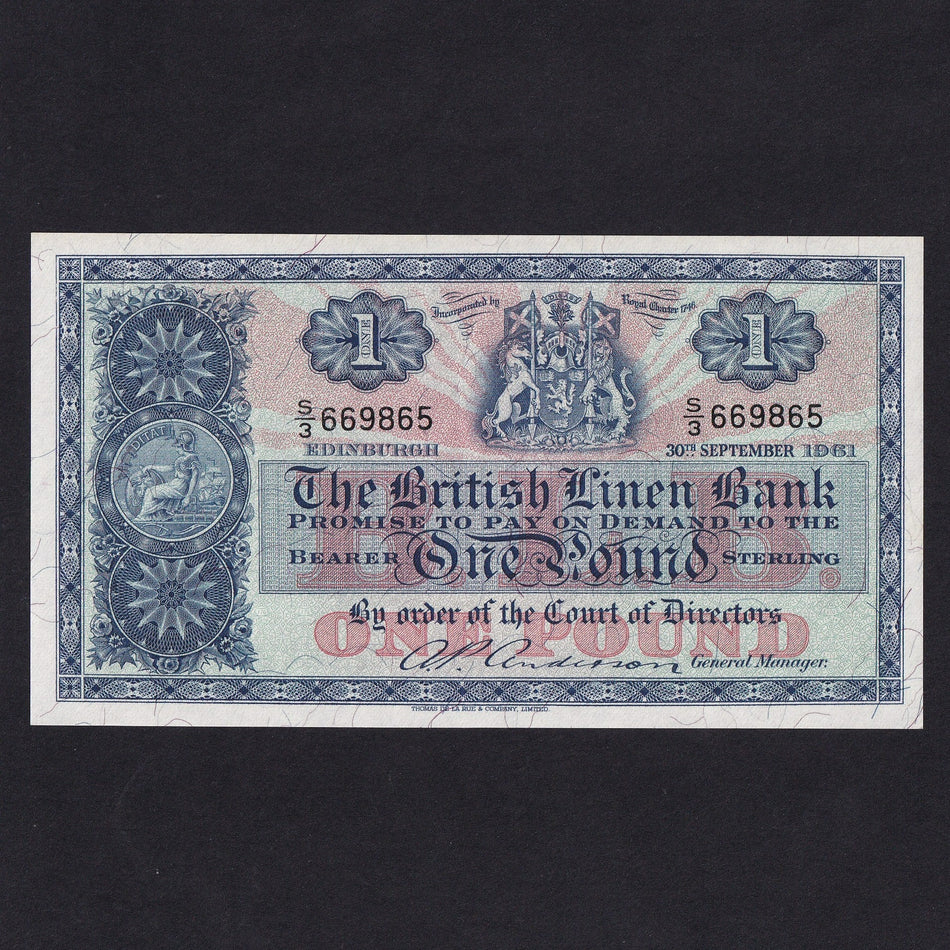 Scotland (P162) British Linen Bank, £1, 30th September 1961, Anderson, S/3 669865, BL70, EF