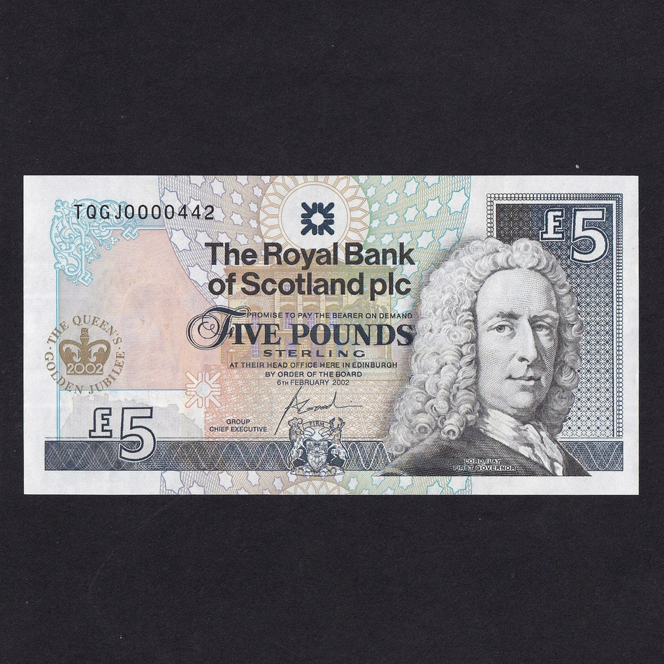 Scotland (P362) £5, 2002, Queen Elizabeth II Golden Jubilee, low serial, TQG J0000442, UNC