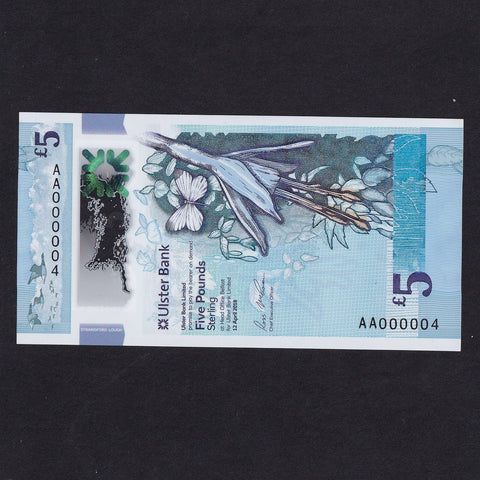 Northern Ireland, Ulster Bank, £5, 2018, AA000004, the lowest number available as other notes in bank archive, PMI UB99, UNC