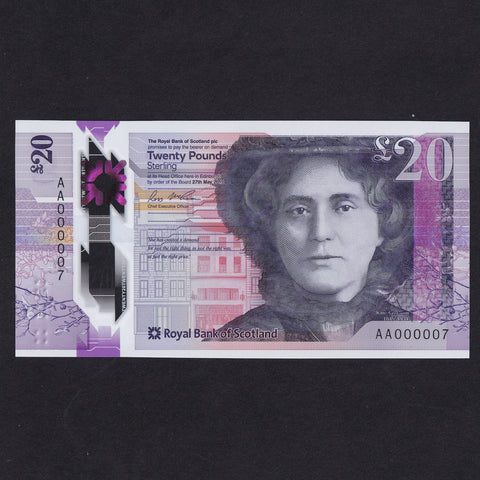 Scotland, Royal Bank of Scotland, £20, 2016, AA000007, the 4th lowest number available as 1, 2 & 3 in bank's archive, PMS RB112, UNC