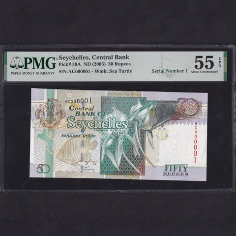 Seychelles (P39a) 50 Rupee, ND (2005) AC000001, with silver, BNB413a, swordfish added, PMG55, A/UNC
