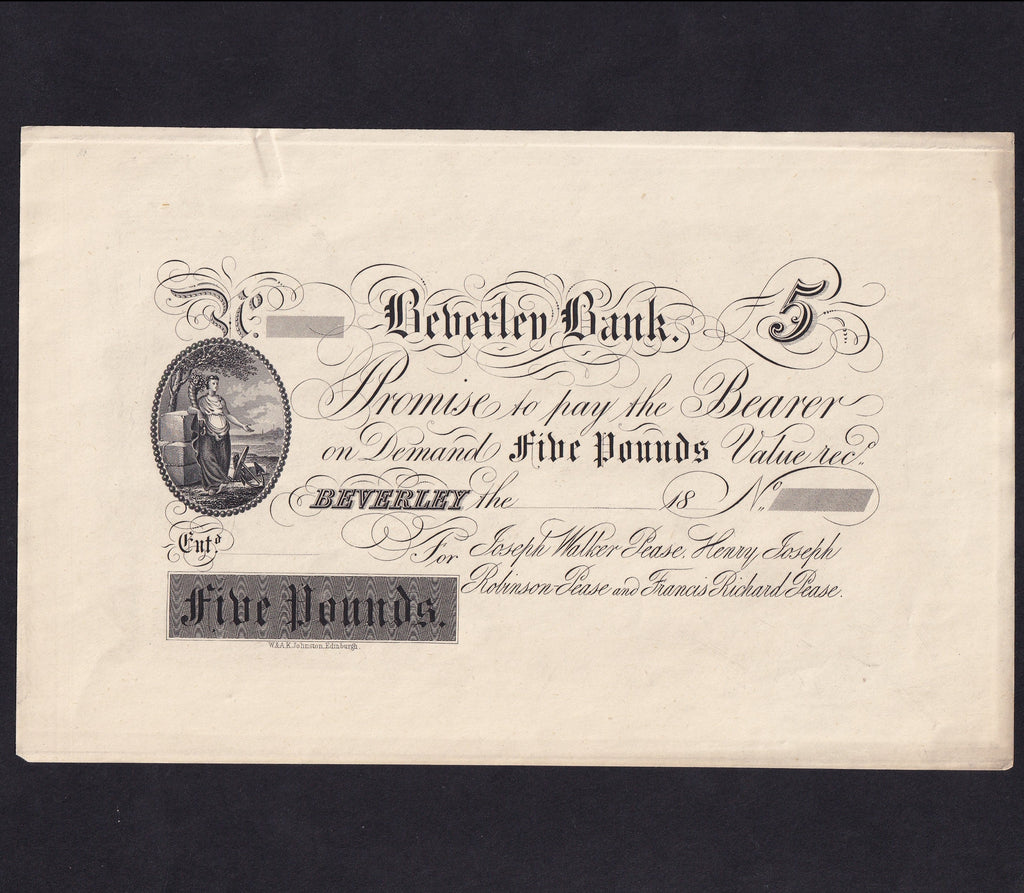 Provincial - Beverley Bank, £5 obverse proof, 18xx, for Joseph, Walker etc., Outing 130d, EF