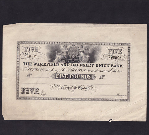 Provincial - Wakefield & Barnsley Union Bank, £5 obverse proof, 18xx, Outing 2244, Fine/ VF