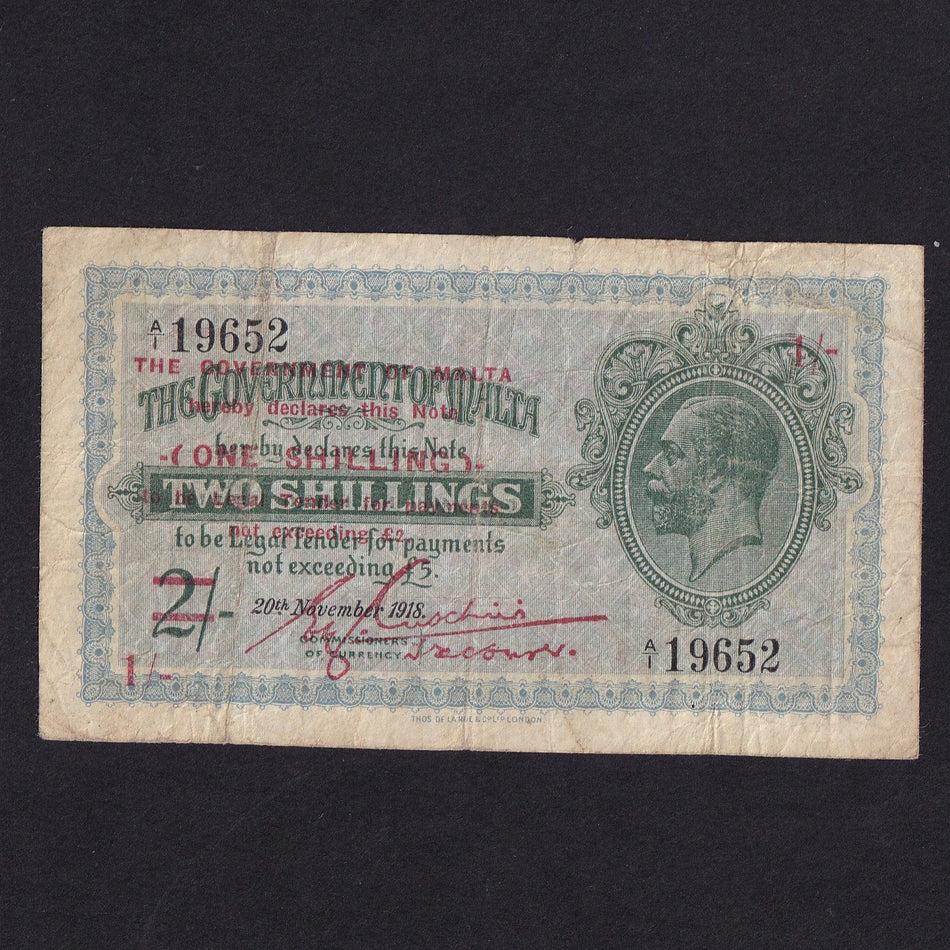 Malta (P15) 1 Shilling emergency overprint on 2 Shillings, 1919 (overprint 1940) A/1 19652, Fine