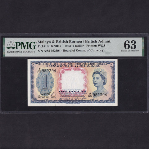 Malaya & British Borneo (P1a) $1, 1953, QEII, PMG63, UNC