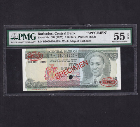 Barbados (P32s) $5 specimen, 1976, B9 000000, PMG55, A/UNC
